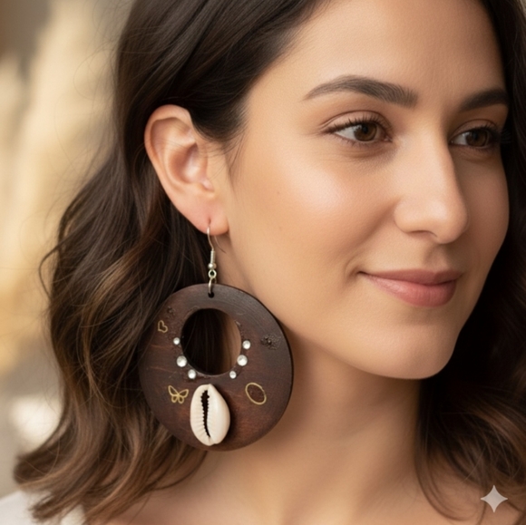 Handmade round wooden hoop earrings, round wooden and sea shell dangle earrings - Picture 8 of 9